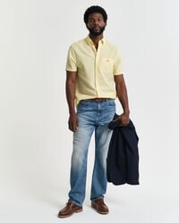 Chemise regular fit en coton et lin &agrave; manches courtes