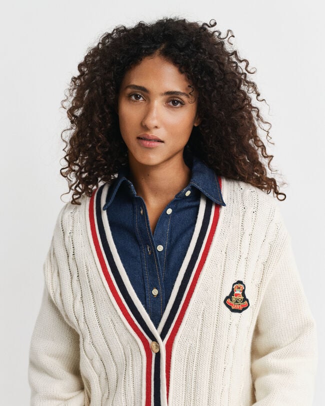 Cardigan col V en maille torsadée Gant Varsity