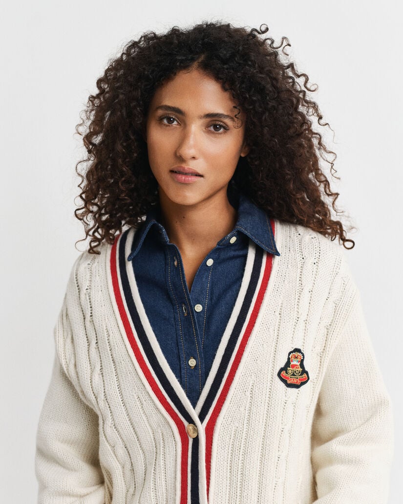 Cardigan col V en maille torsadée Gant Varsity
