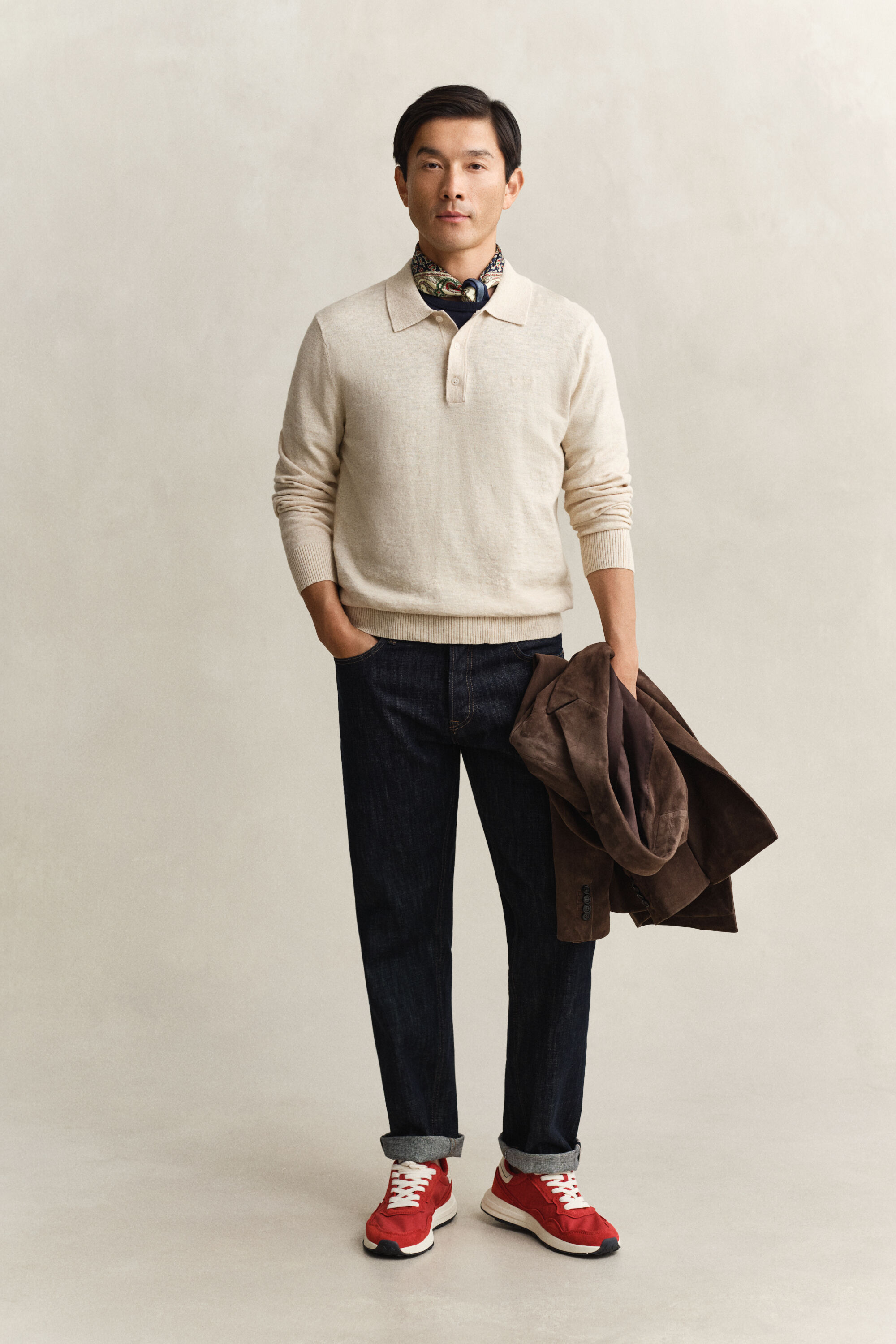 Pull façon polo en coton mélangé flammé