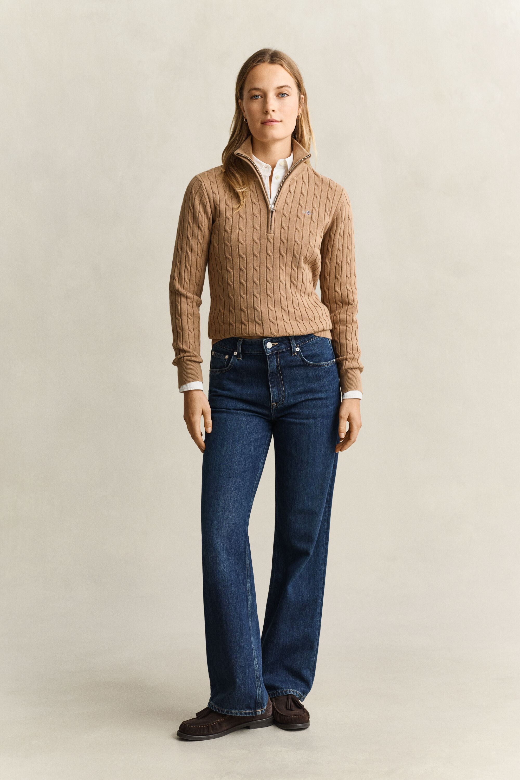 Pull à demi-zip en maille torsadée extensible