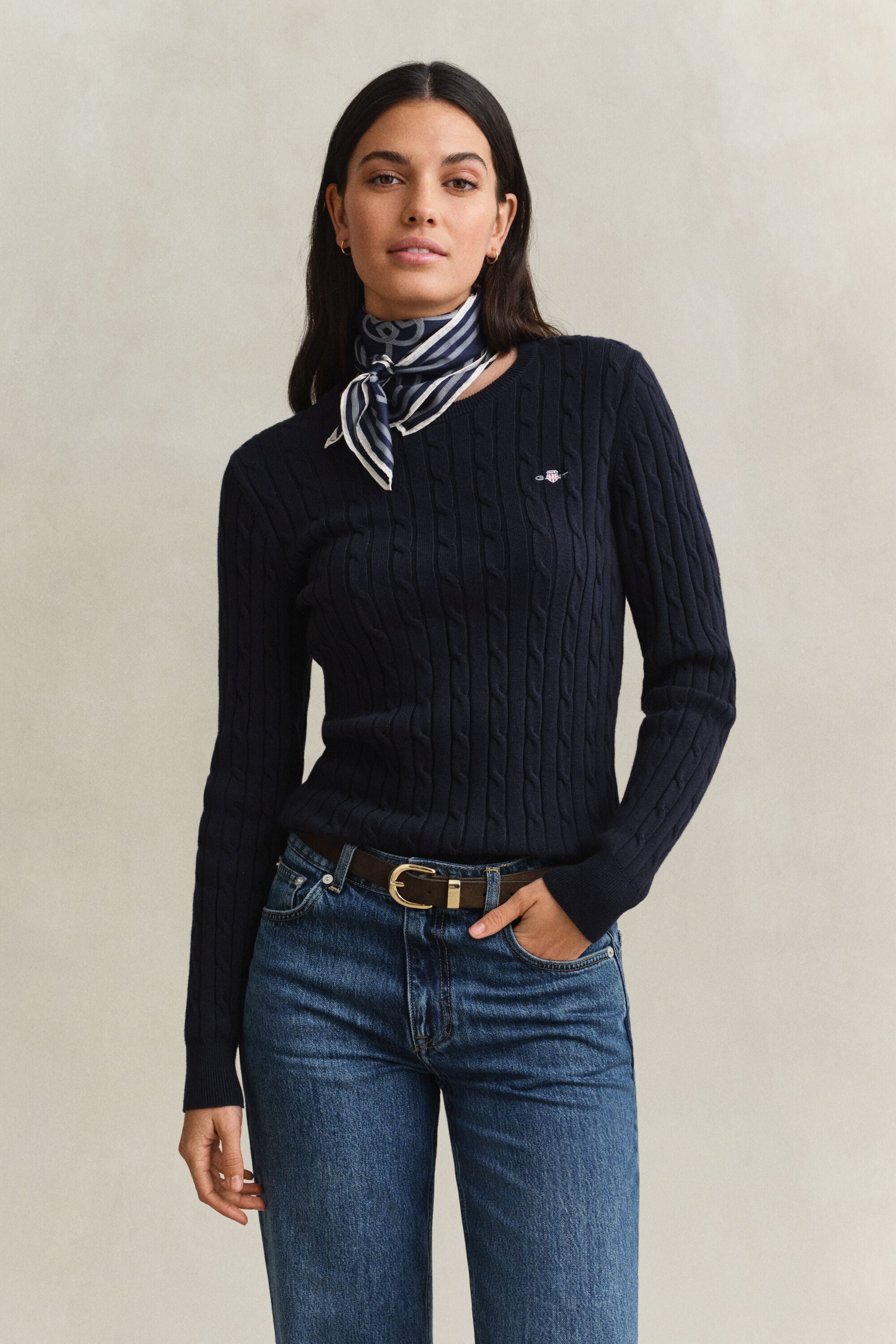Pull col rond en maille de coton stretch à torsades