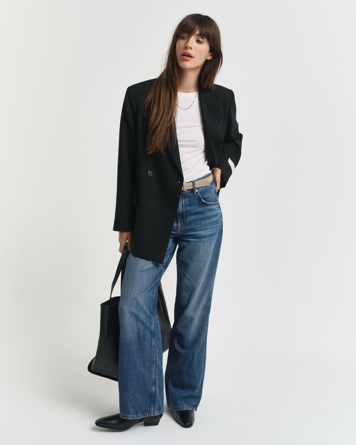 Veste blazer coupe décontractée en laine mélangée à boutonnage croisé Hopsack