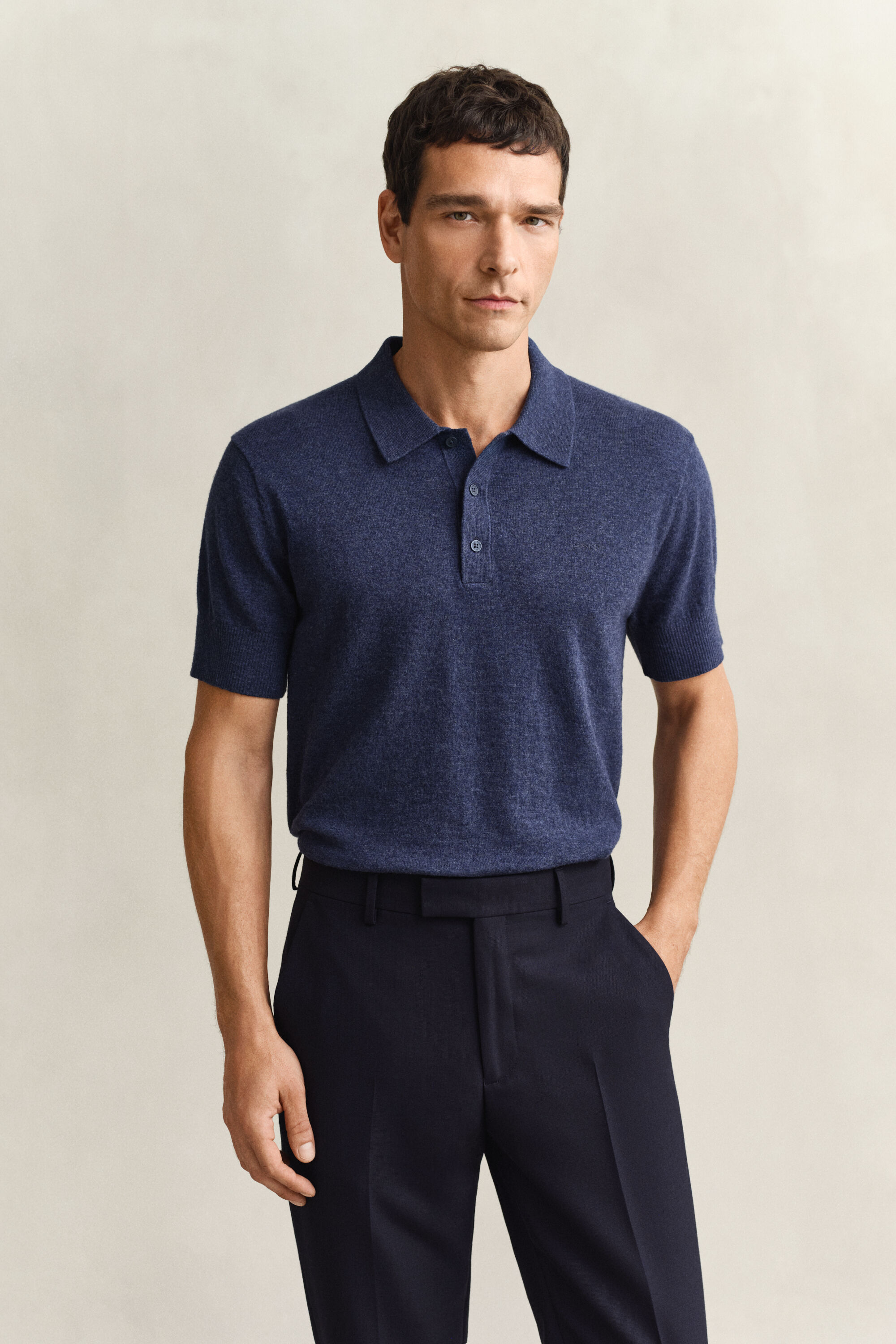 Pull à manches courtes façon polo en coton mélangé flammé