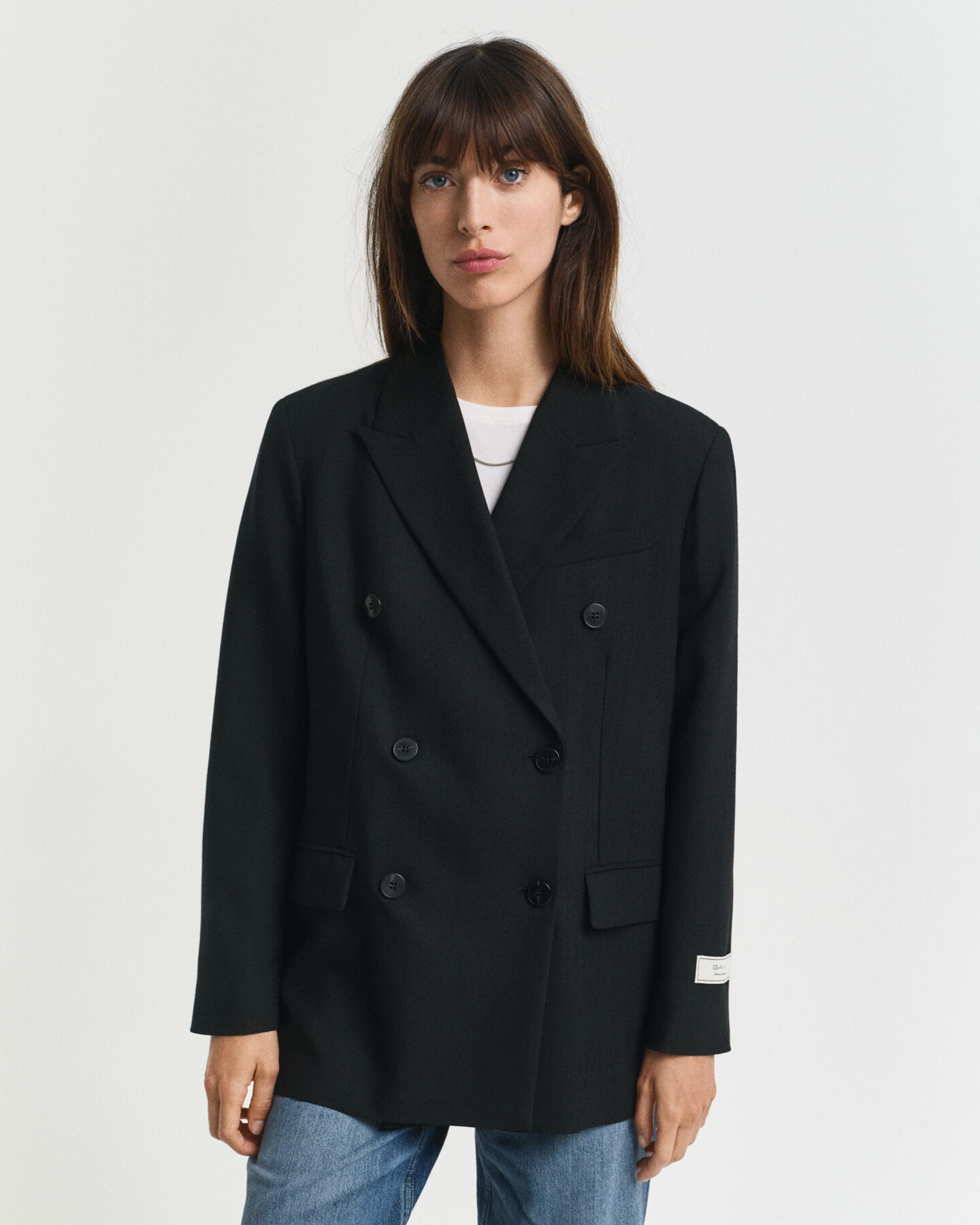 Veste blazer coupe décontractée en laine mélangée à boutonnage croisé Hopsack