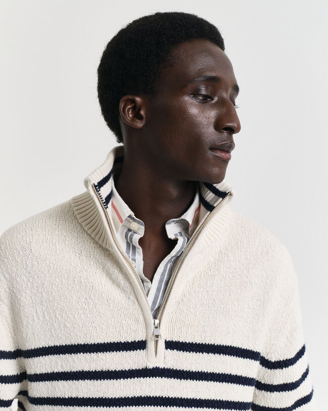 Pull &agrave; demi-zip en coton flamm&eacute; &agrave; rayures