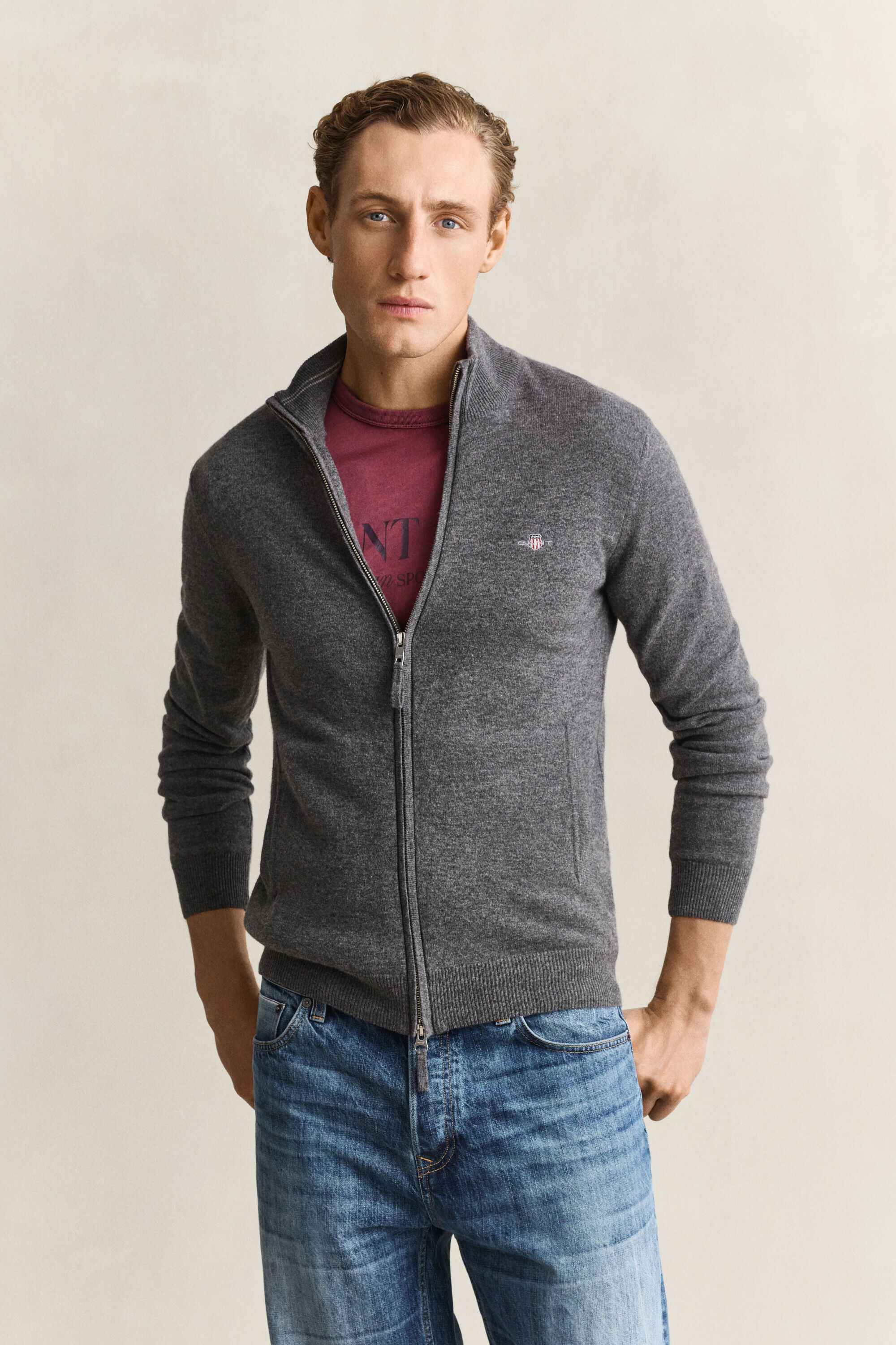 Cardigan zippé en laine d’agneau