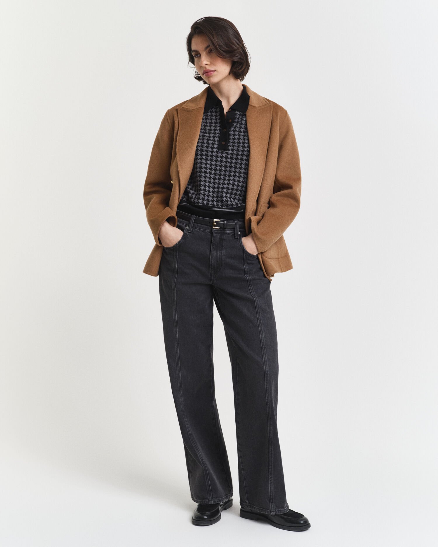 Pull façon polo en jacquard à motif pied-de-poule