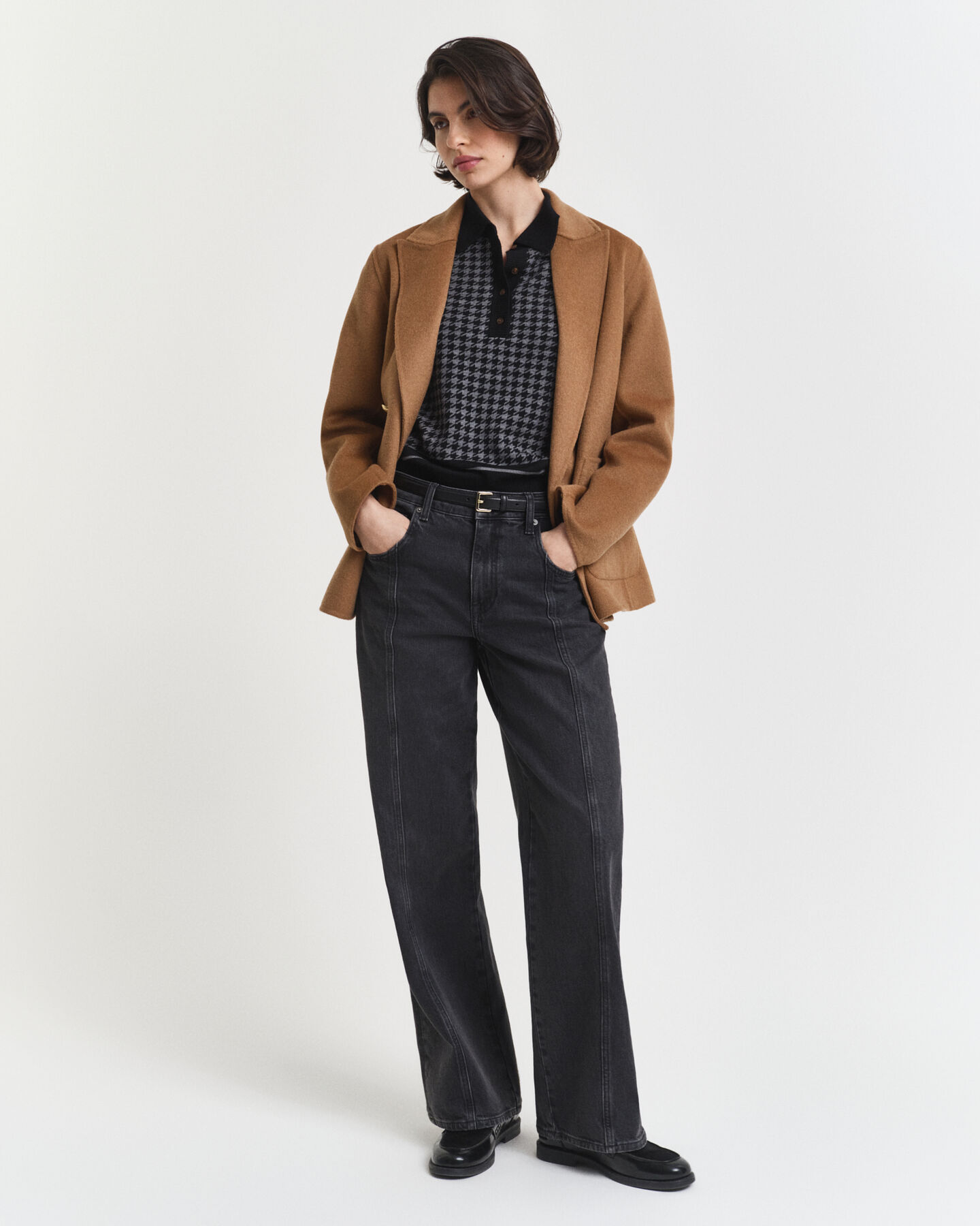 Pull façon polo en jacquard à motif pied-de-poule