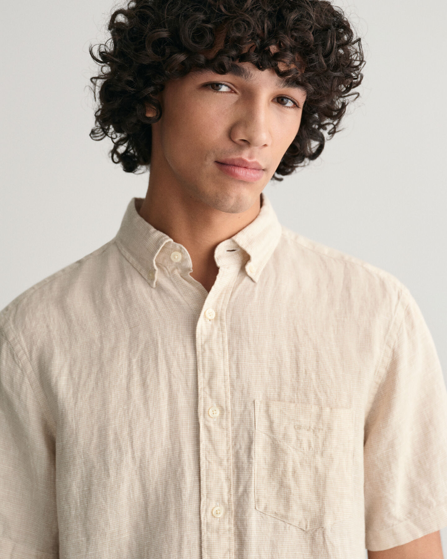 Chemise regular fit en lin &agrave; manches courtes &agrave; motif pied-de-poule