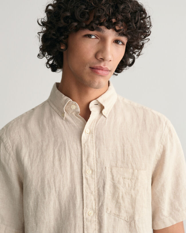 Chemise regular fit en lin &agrave; manches courtes &agrave; motif pied-de-poule