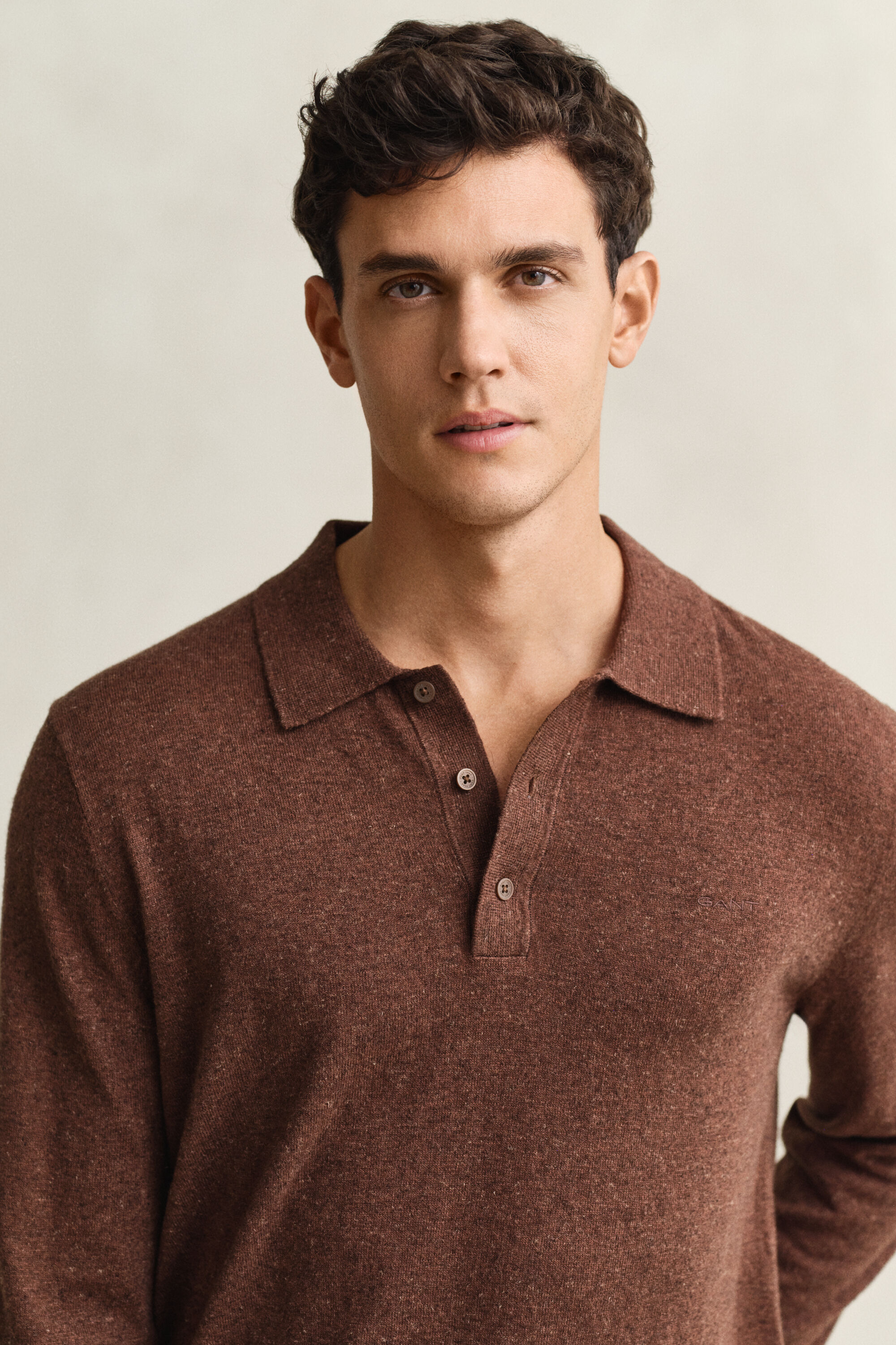 Pull façon polo en coton mélangé flammé