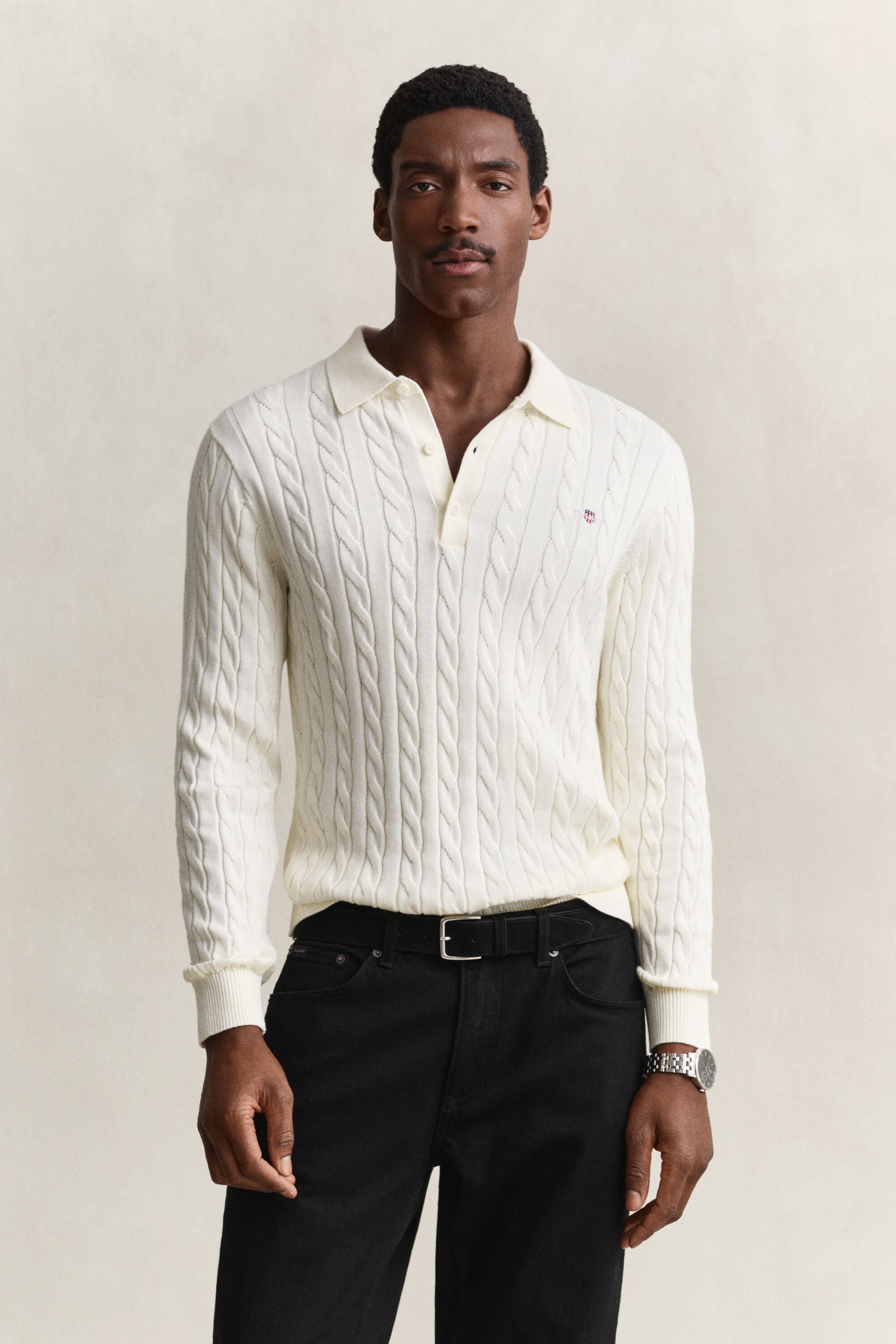 Pull façon polo en maille de coton à torsades