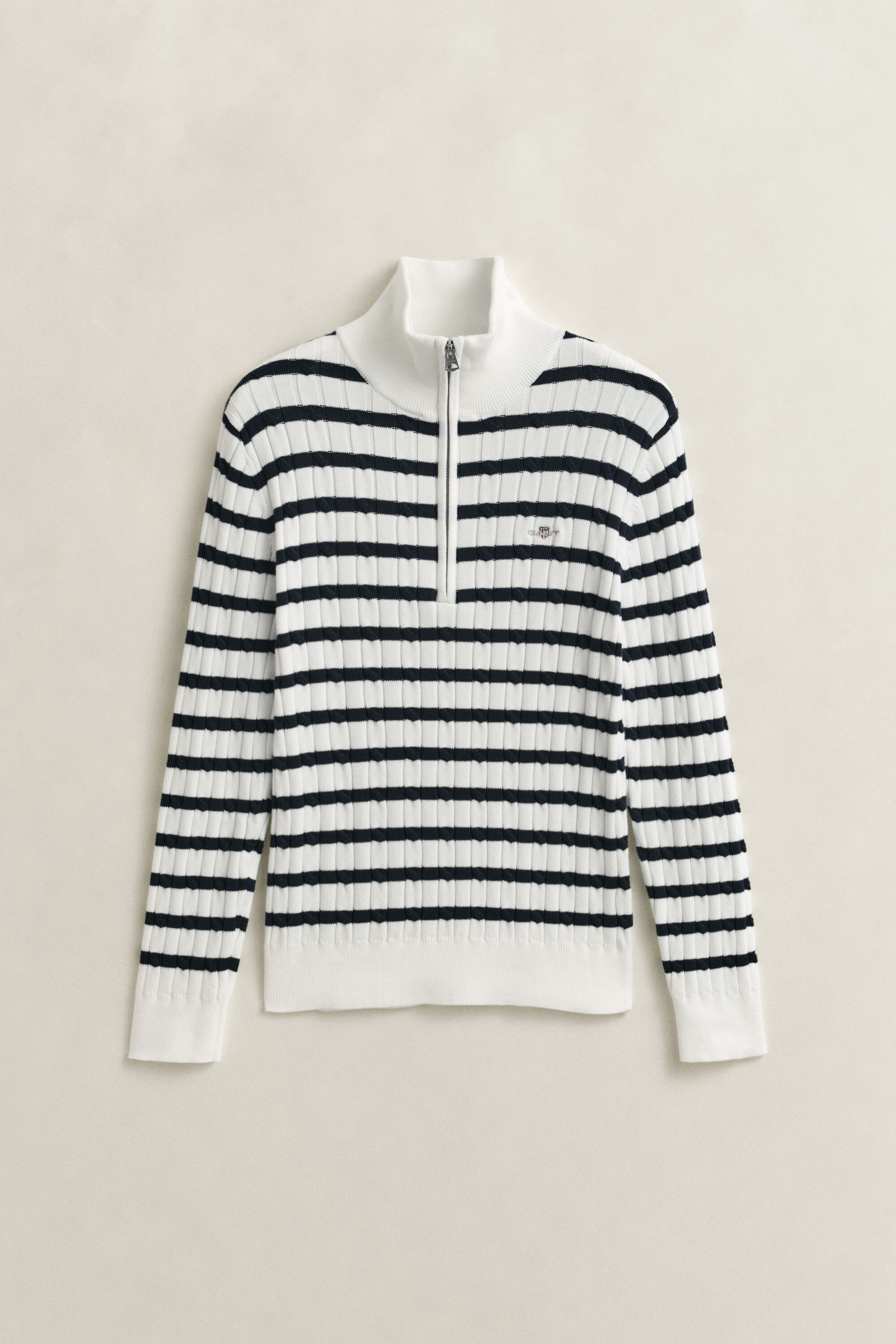 Pull à demi-zip en maille torsadée à rayures