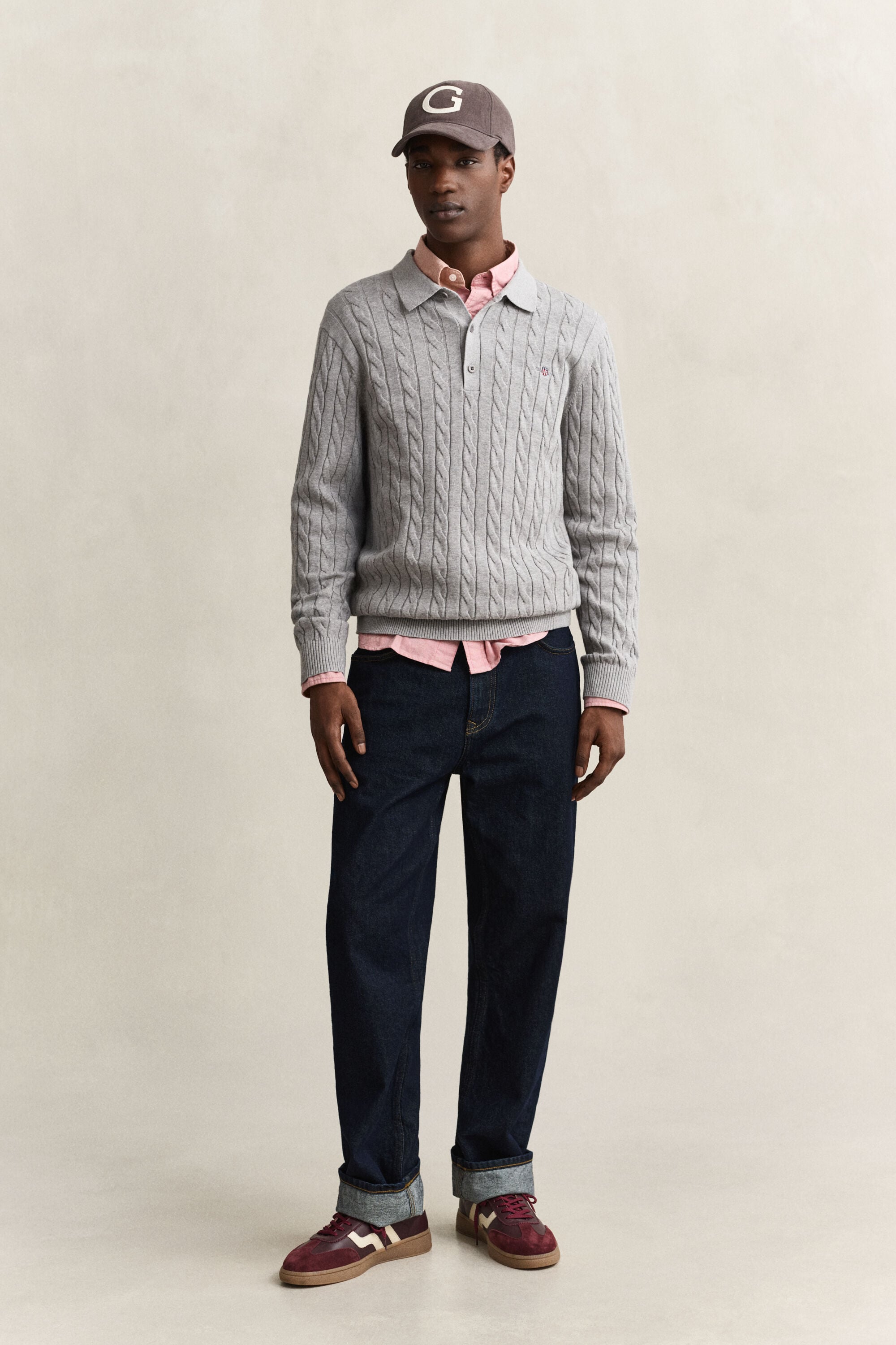 Pull façon polo en maille de coton à torsades