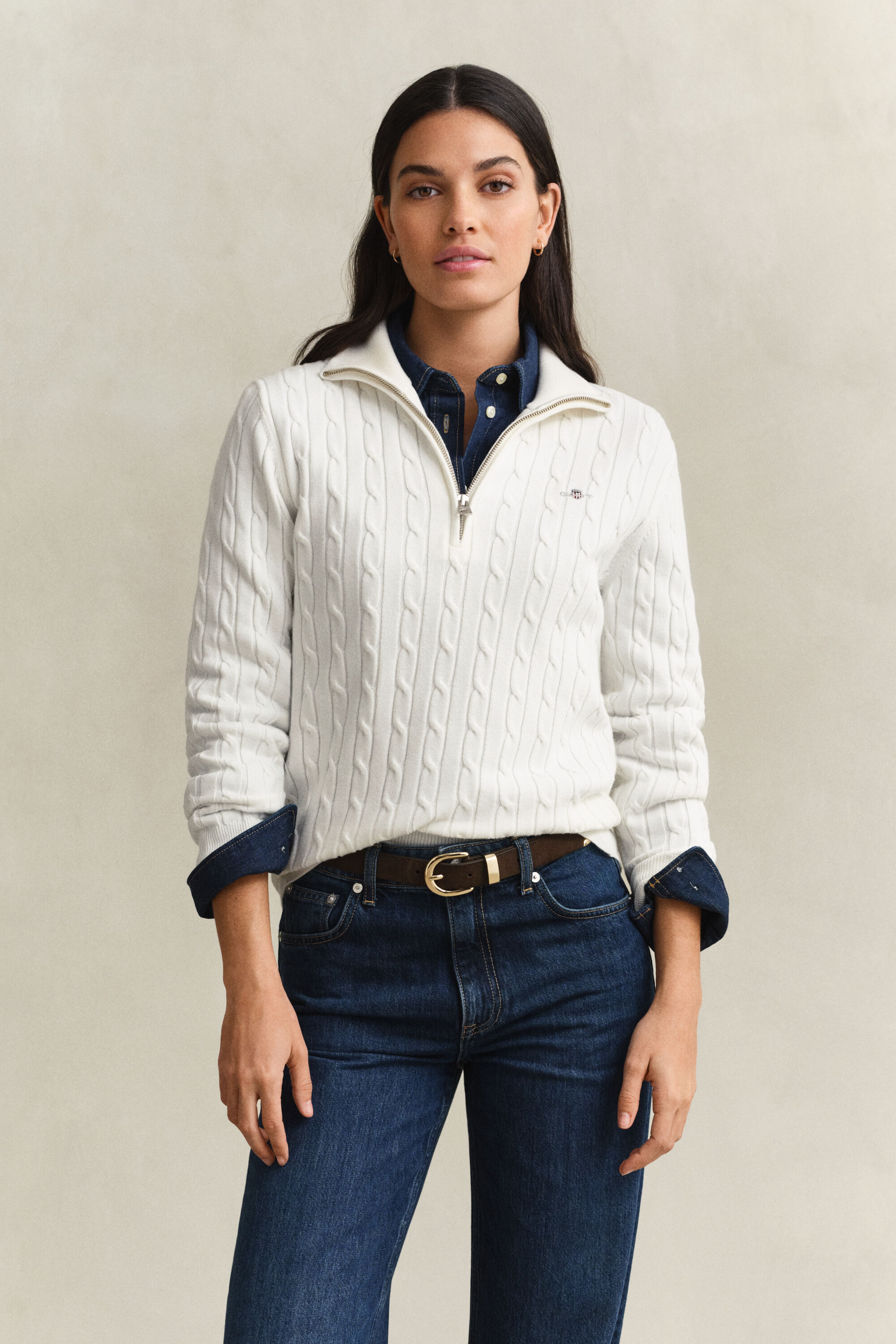 Pull à demi-zip en maille de coton torsadée stretch