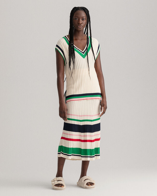 Pull sans manches en maille c&ocirc;tel&eacute;e &agrave; rayures