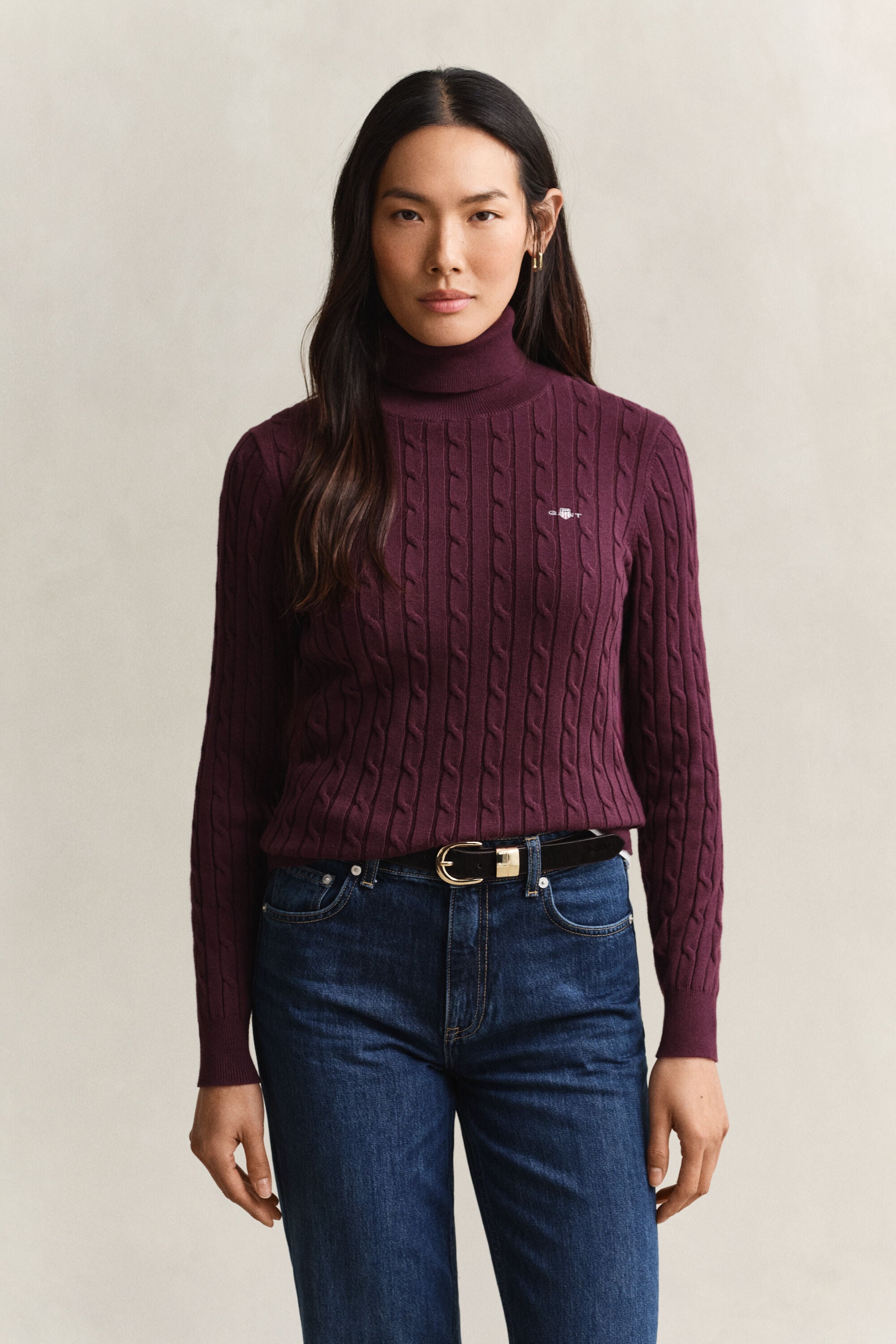 Pull col roulé en maille de coton stretch à torsades