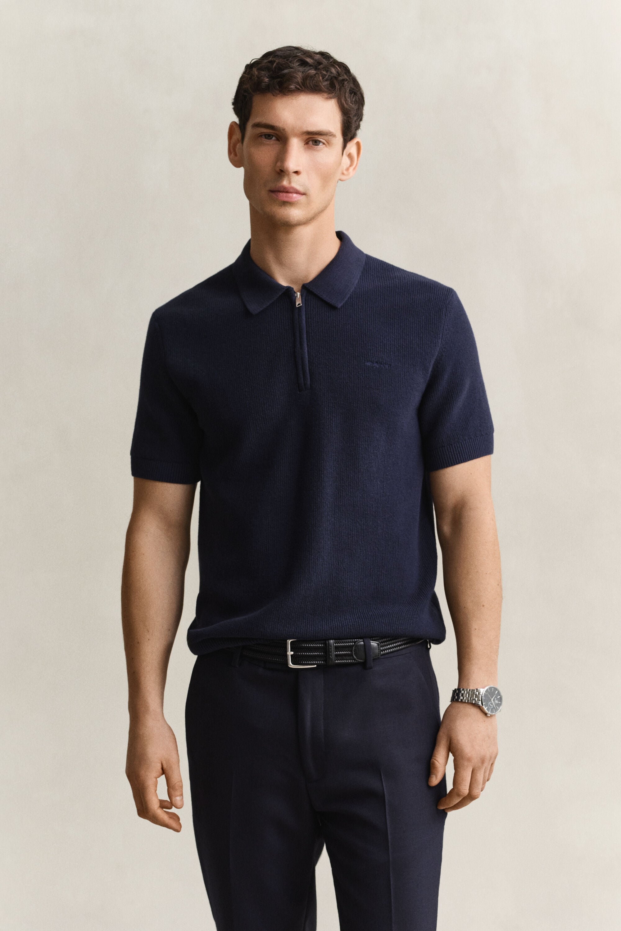 Pull façon polo en coton côtelé