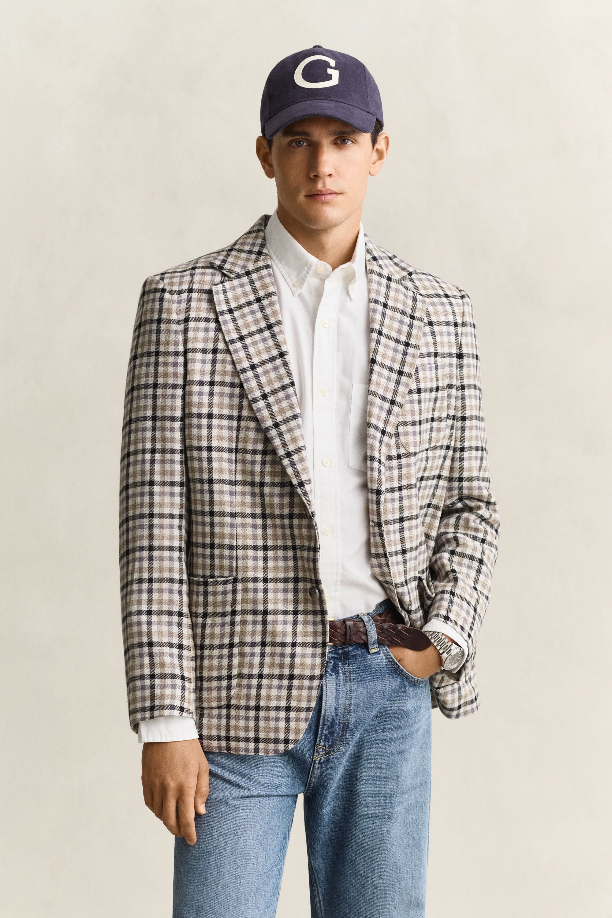 Veste blazer en lin et laine à carreaux