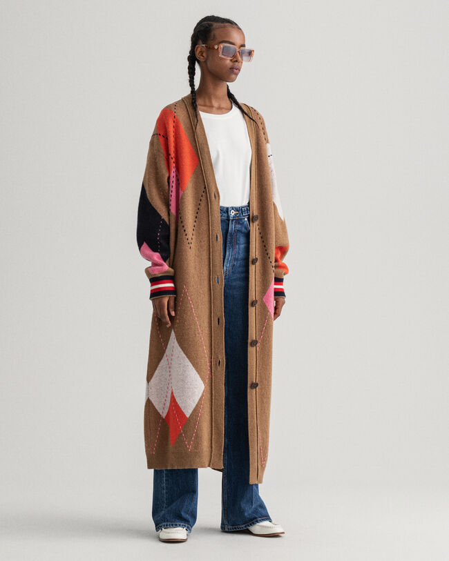 Cardigan long &agrave; motif argyle