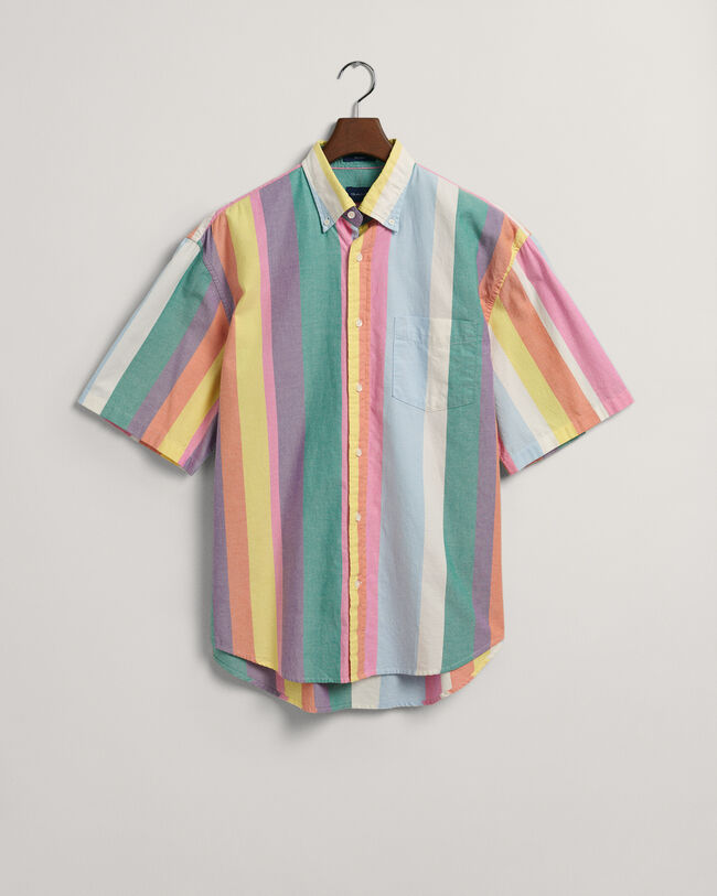 Chemise relaxed fit en coton Oxford &agrave; rayures multicolores et manches courtes
