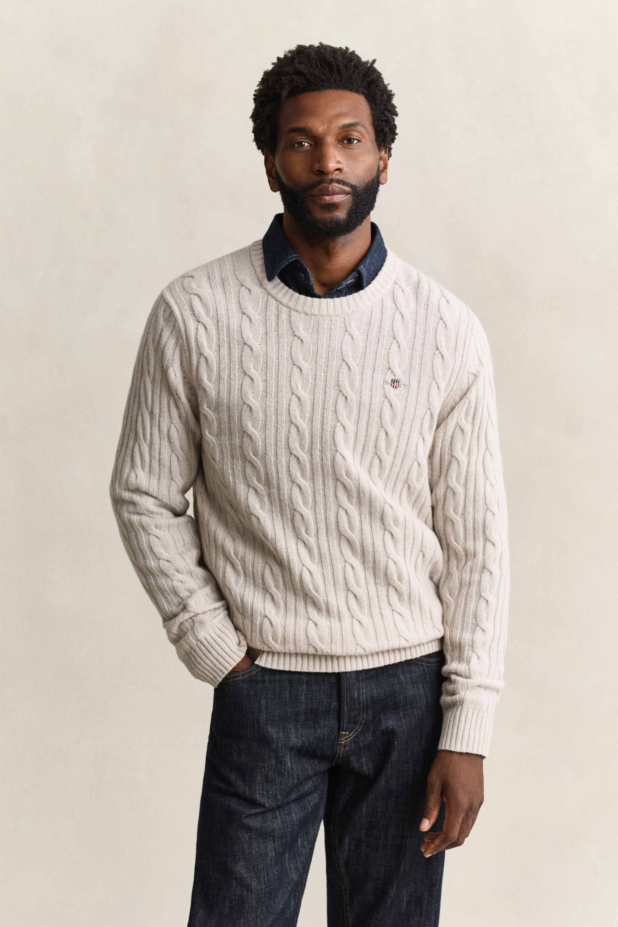 Pull col rond en maille torsadée en laine d'agneau