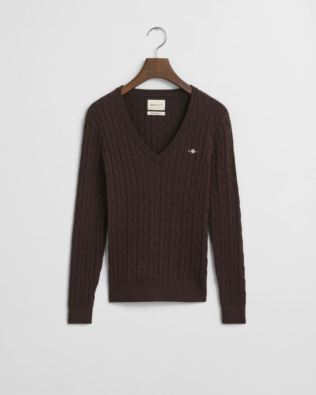 Pull col V en maille de coton stretch à torsades