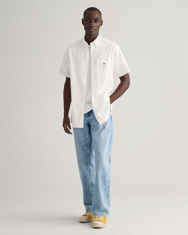 Chemise regular fit en coton et lin &agrave; manches courtes