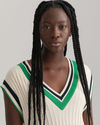 Pull sans manches en maille c&ocirc;tel&eacute;e &agrave; rayures