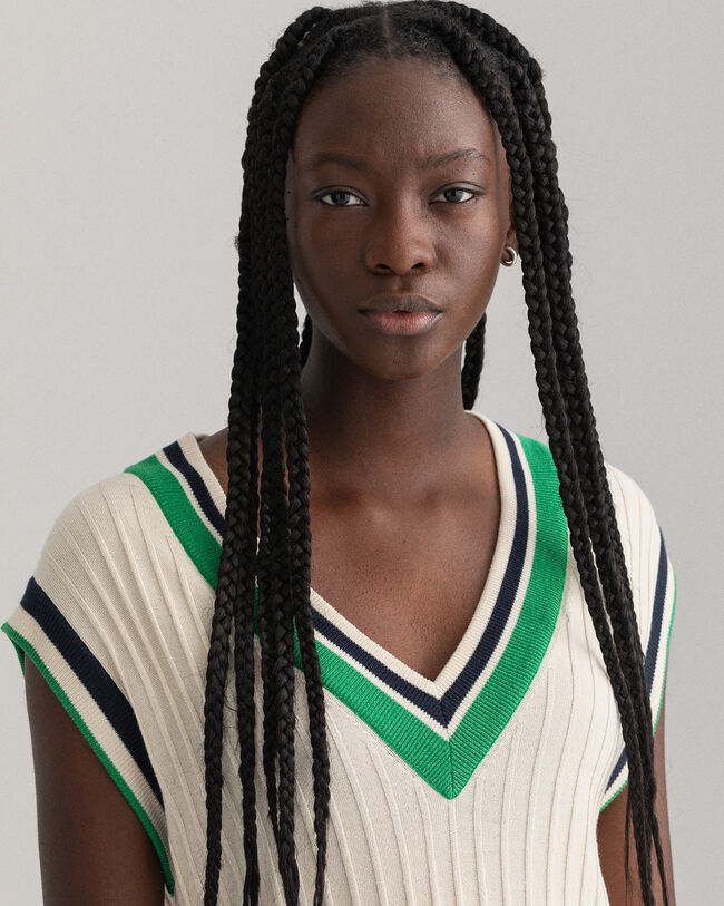 Pull sans manches en maille c&ocirc;tel&eacute;e &agrave; rayures