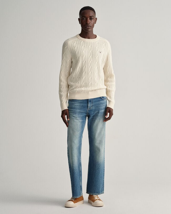 Pull ras du cou en laine d'agneau &agrave; torsades