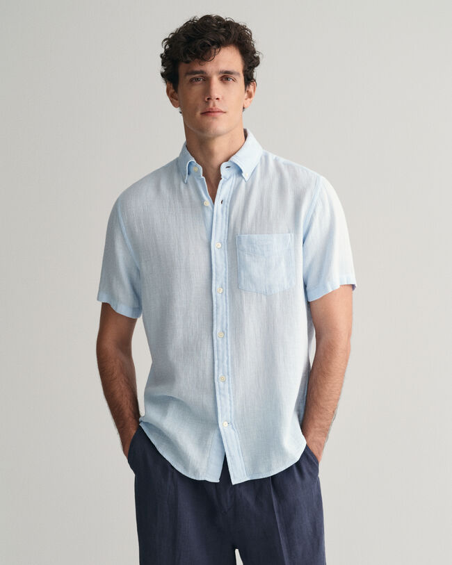 Chemise regular fit textur&eacute;e en coton et lin &agrave; manches courtes