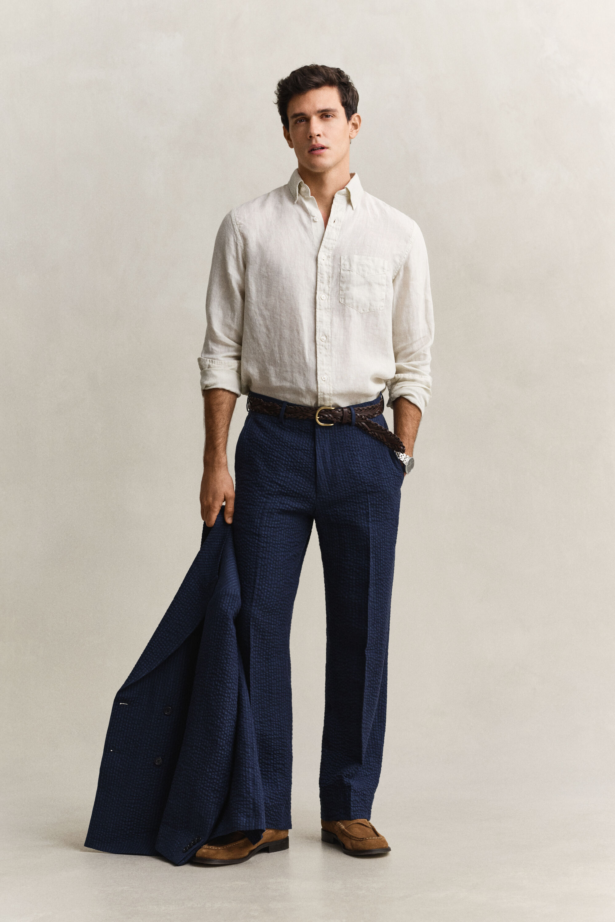 Pantalon de costume en seersucker indigo