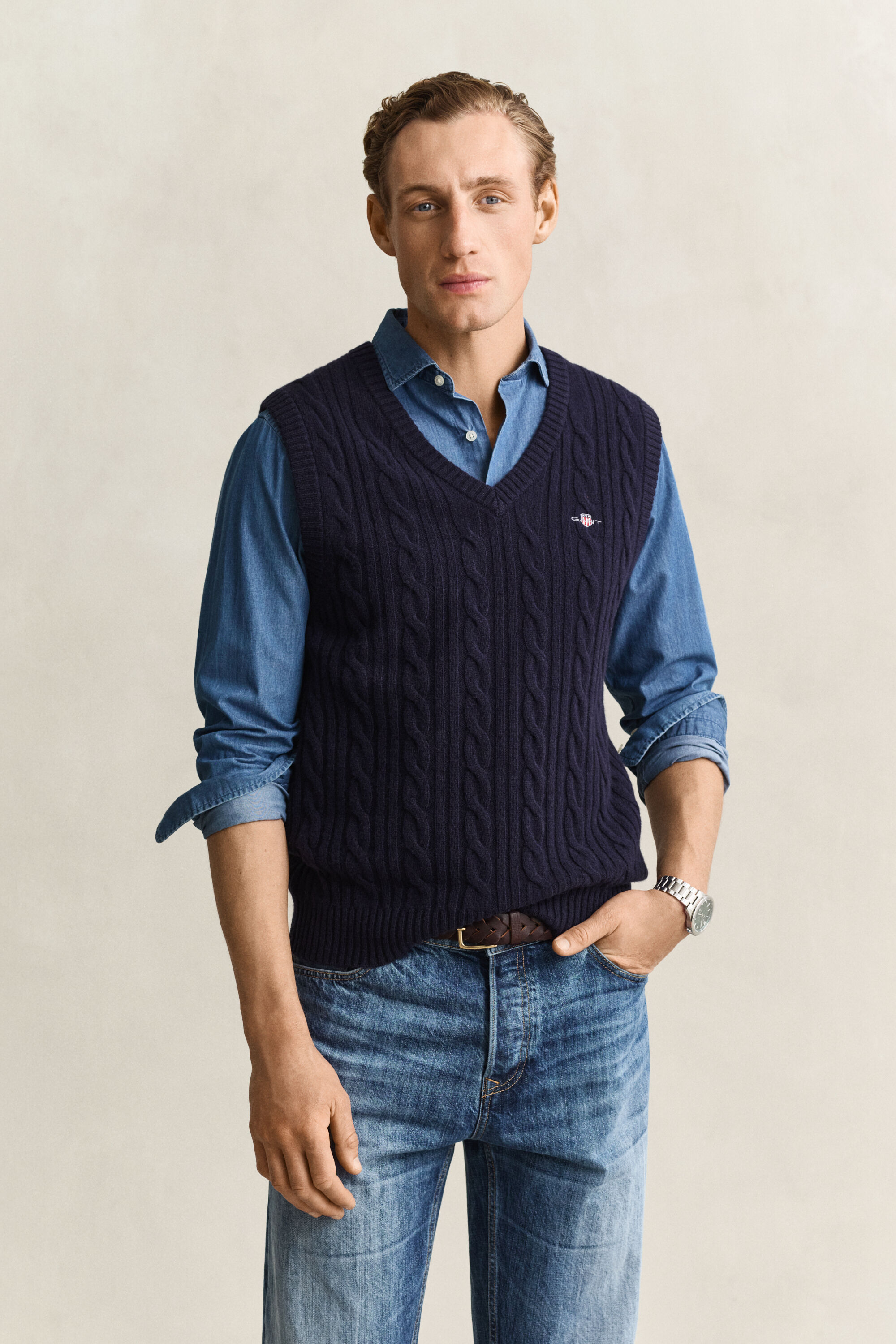 Pull sans manches en maille de laine d'agneau à torsades