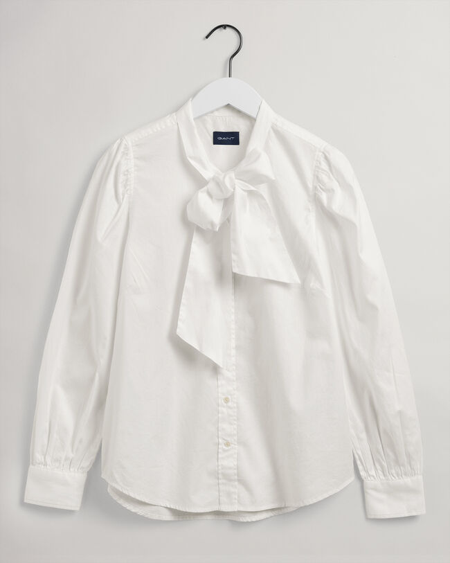 Chemise en coton Oxford à manches bouffantes et nœud lavallière