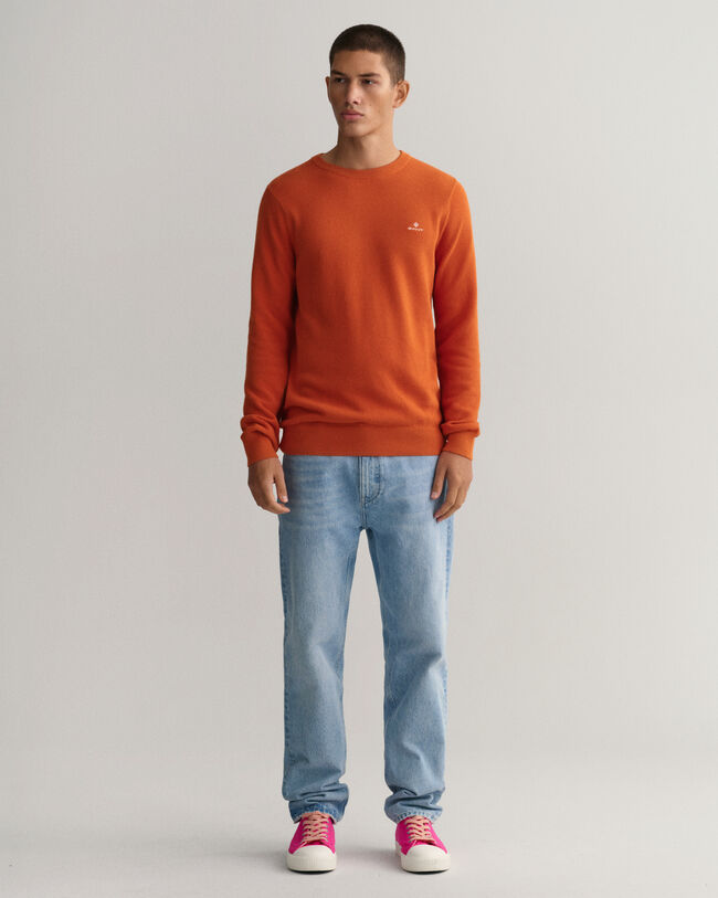 Pull ras du cou en coton piqu&eacute;