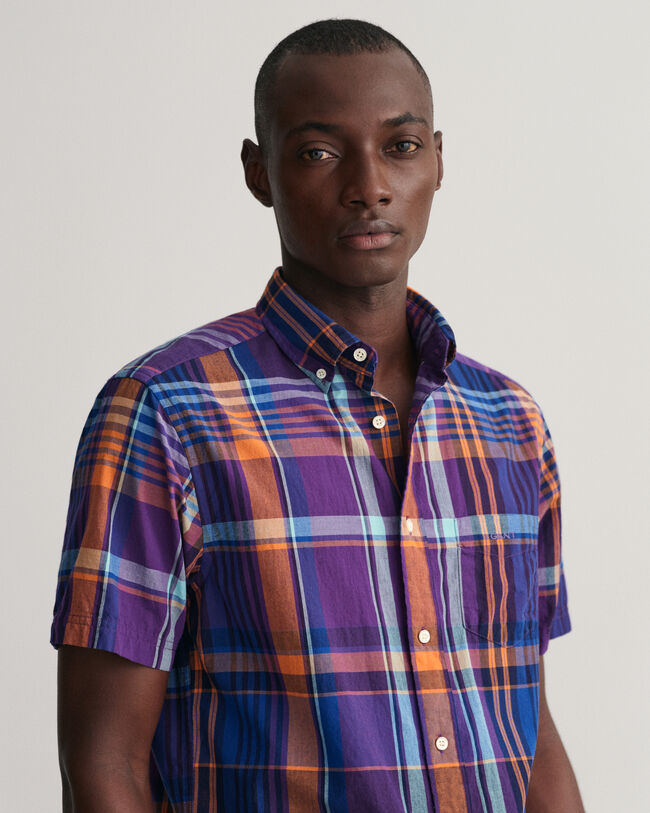 Chemise regular fit &agrave; carreaux madras color&eacute;s et manches courtes