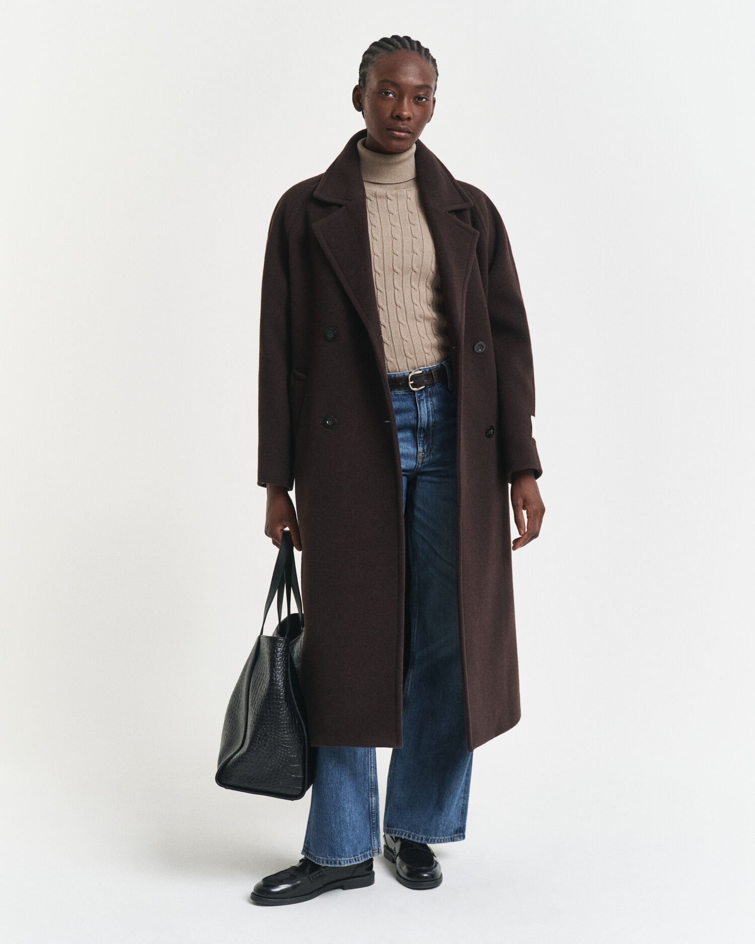 Pull col roulé en maille de coton stretch à torsades