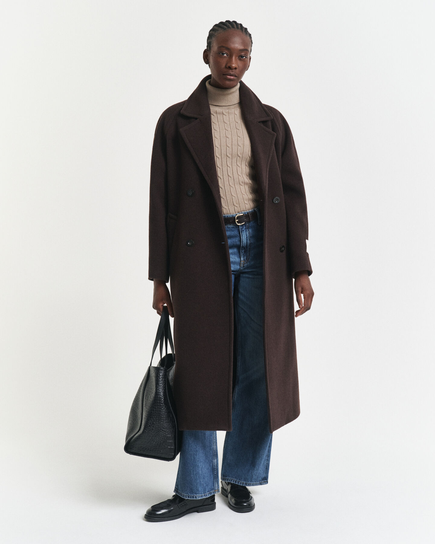 Pull col roulé en maille de coton stretch à torsades