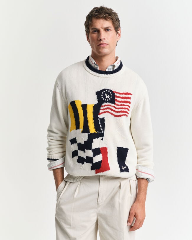 Pull col rond en coton avec drapeau en intarsia