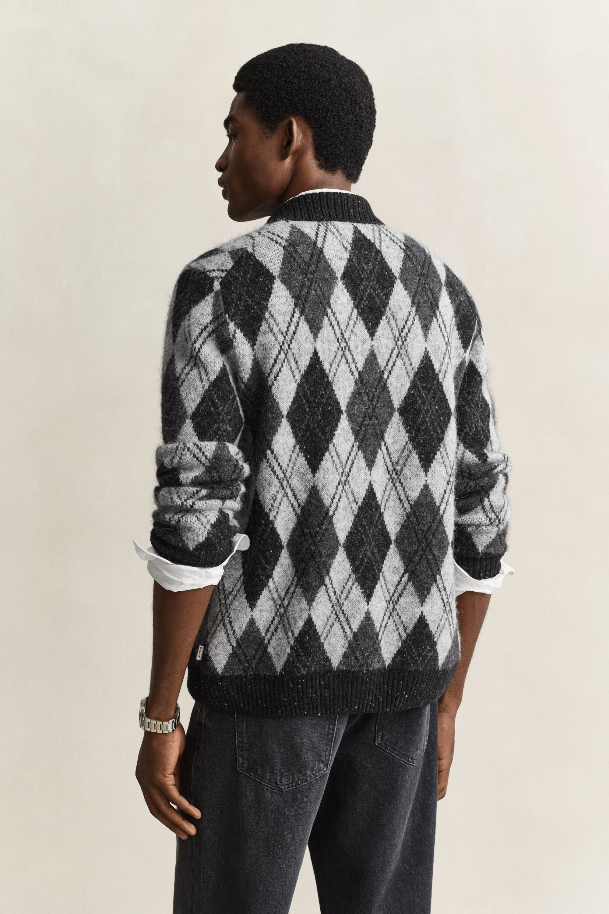 Cardigan façon polo en laine d’alpaga mélangée à motif argyle