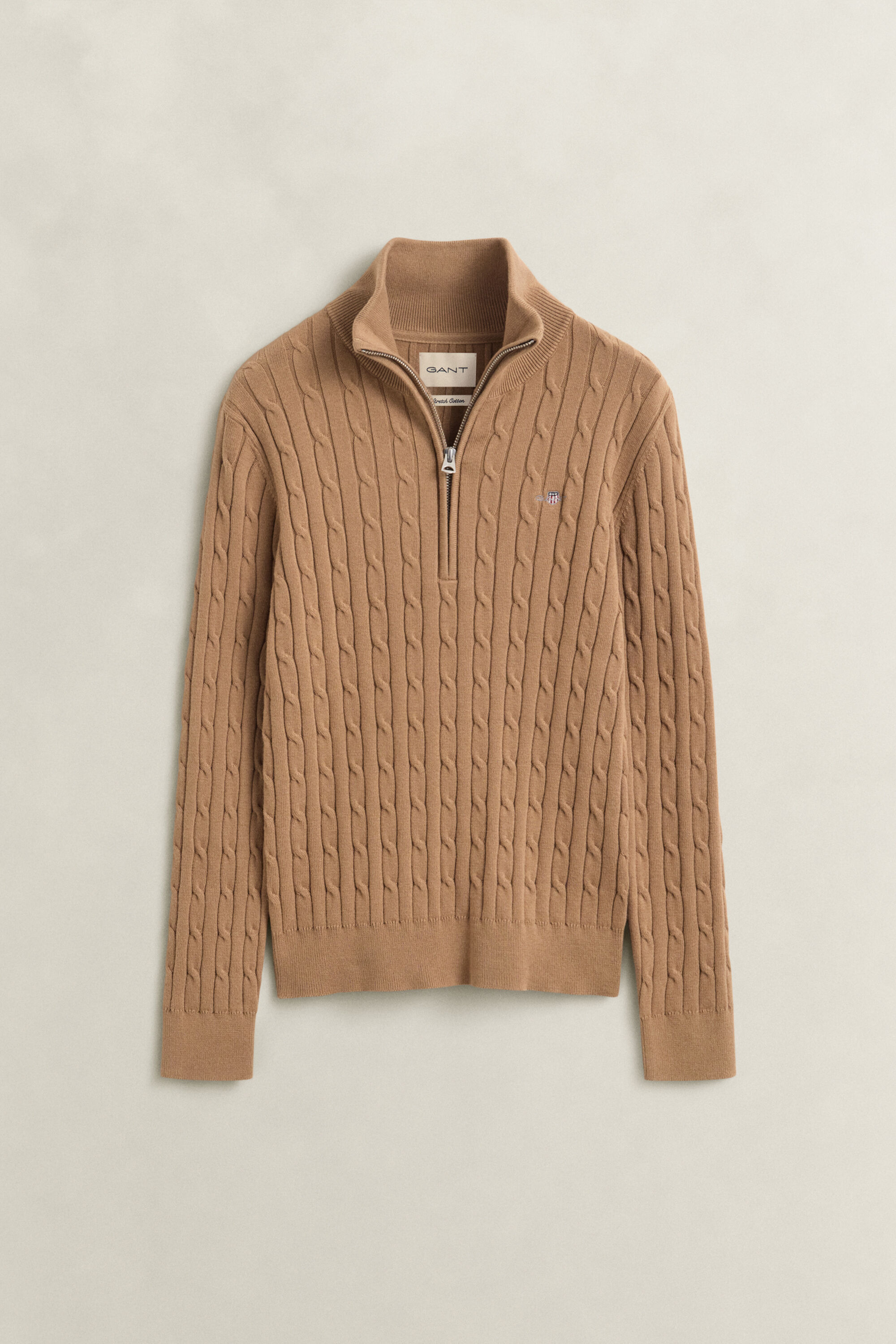 Pull à demi-zip en maille torsadée extensible