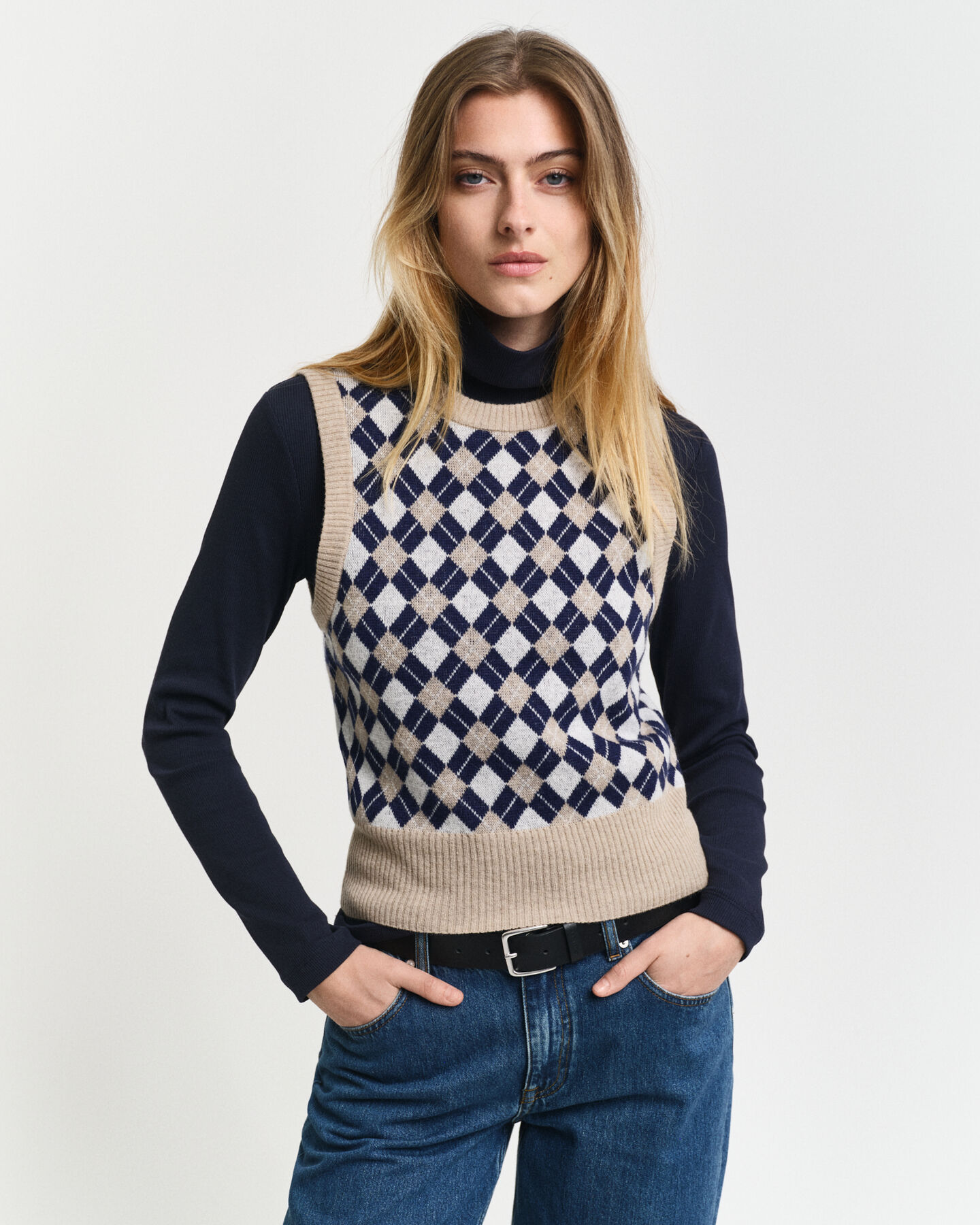 Pull sans manches ras du cou à motif argyle