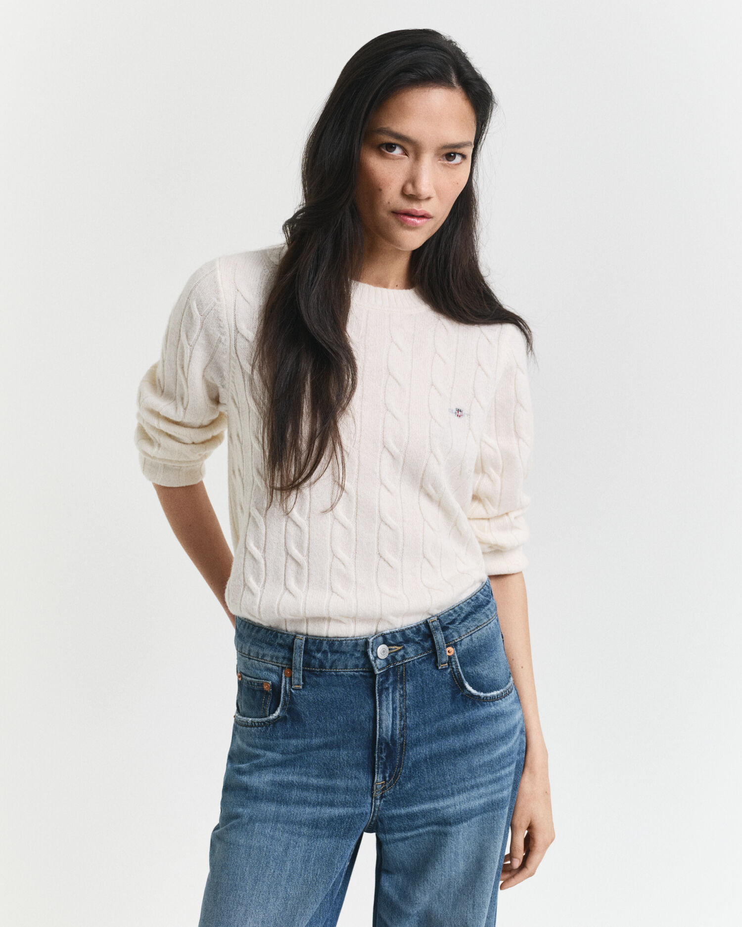 Pull col rond en maille torsadée en laine d'agneau