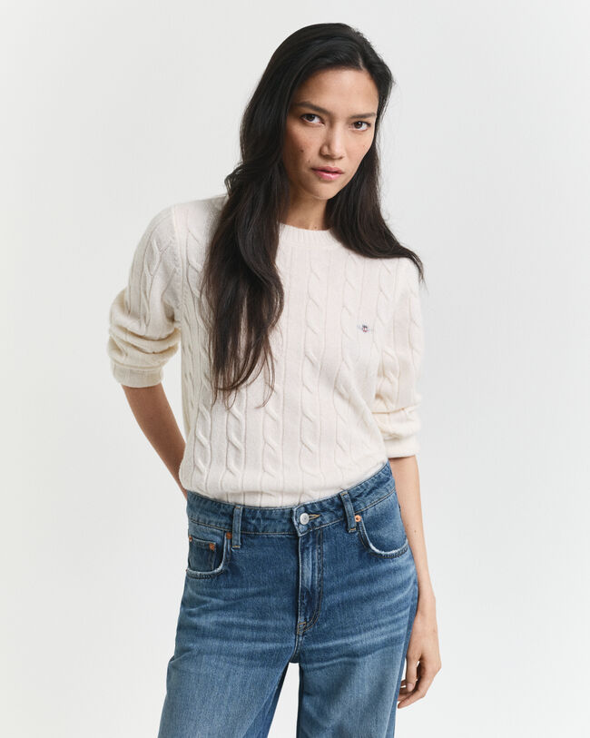 Pull col rond en maille torsadée en laine d'agneau