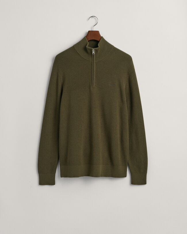 Pull à demi-zip en laine et coton côtelés