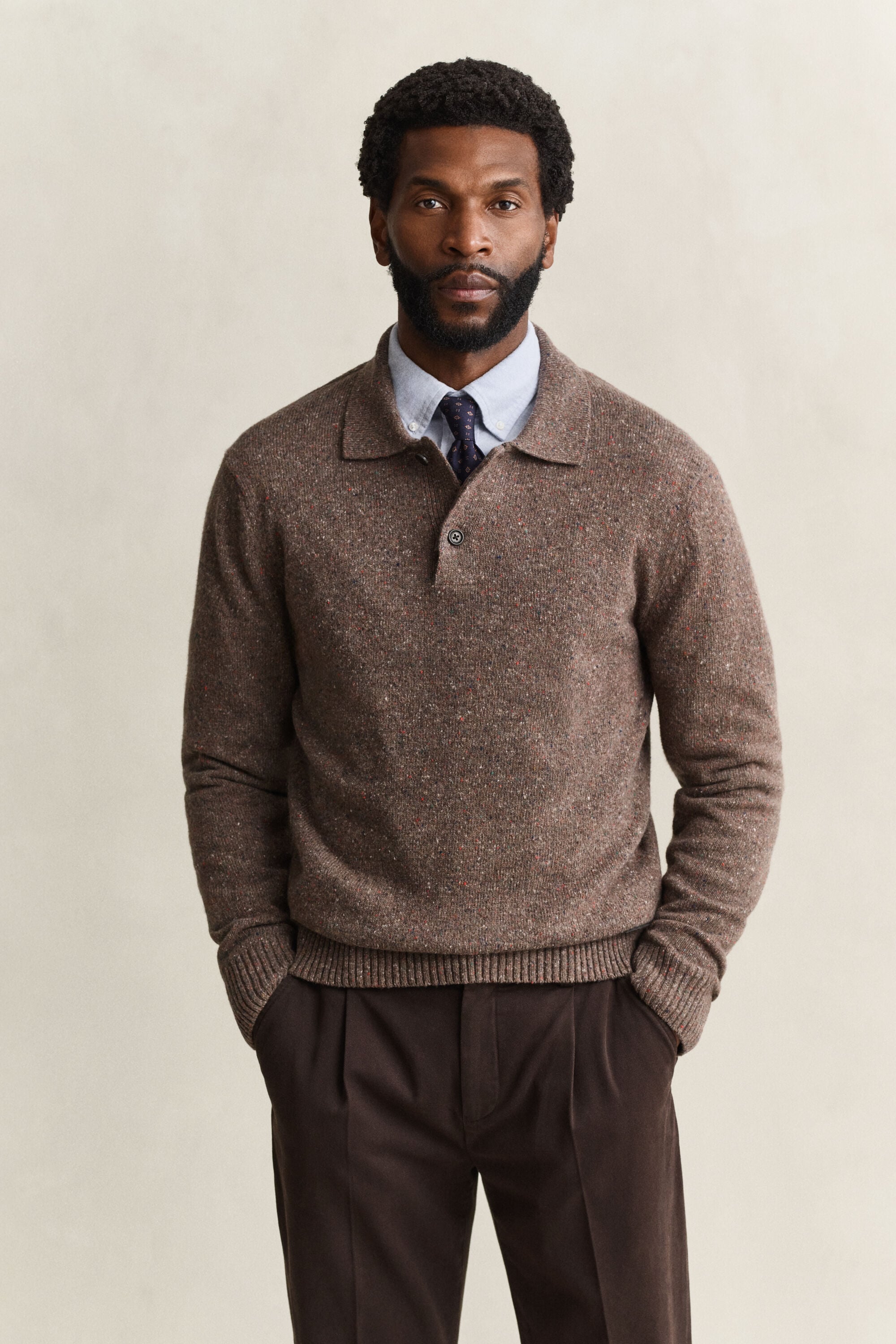 Pull façon polo en laine mouchetée mélangée