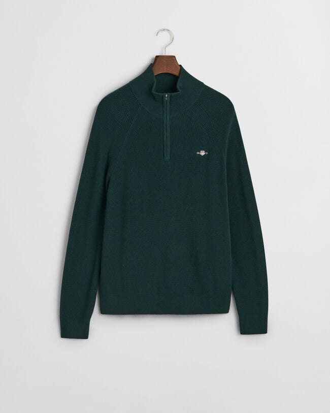 Pull à demi-zip en laine et coton côtelés