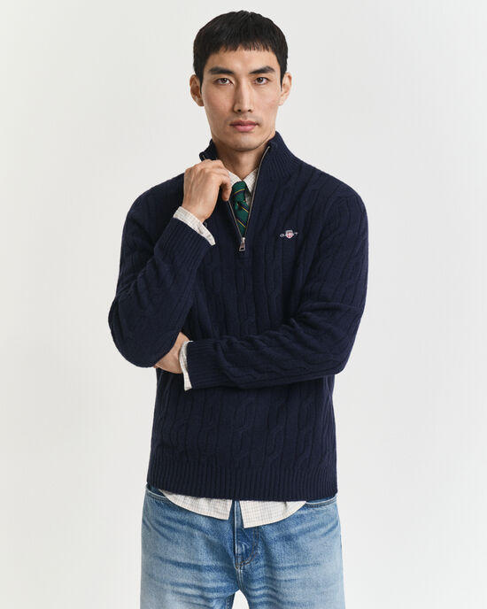 Pull Homme Tricot Torsadé Col Montant - Fermeture 1/4 - Mélange Coton - Coupe Classique